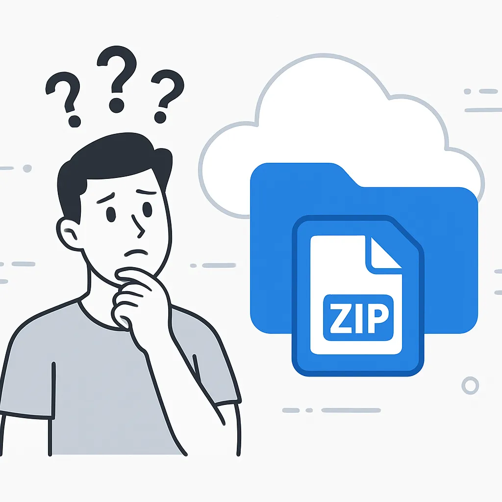 Person thinking with ZIP cloud folder, representing FAQs about TeraBox ZIP downloads