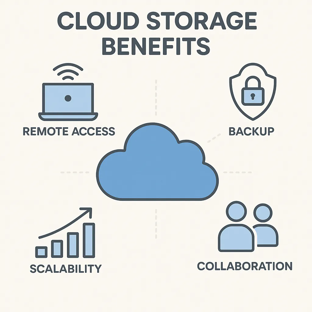 Visual comparison of file, object, and block storage types with icons and key uses