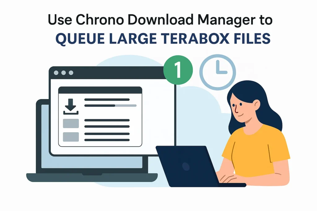 Flat-style digital illustration showing a Chrome browser with seven extension icons connected to Terabox,